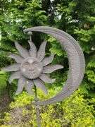 Concrete Bird Bath/ Fountain, Shepherds Hook, and Metal Sun/Moon Yard Art