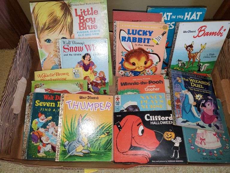 Vintage kids story books including Walt Disney's Snow White, seven dwarfs, Cinderella, Bambi and more also includes Winnie the Pooh a cat in the hat comes back and others.