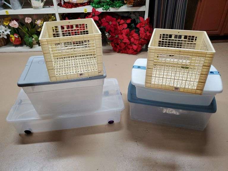 Two storage crates, four totes with lids. Basement