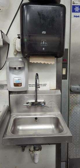 Advanced Tapco hand sink, stainless steel. Includes paper towel dispenser and hand soap dispenser.