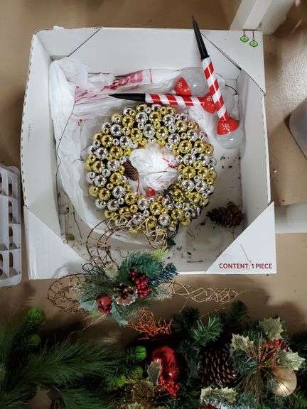 24-in lighted Christmas wreath, two 18-in Christmas wreaths, three large Christmas ornaments. Basement