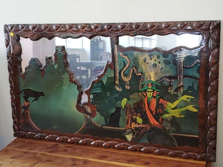 Vintage resin wood witches mirror measures 26 in x 45 in. See photos.