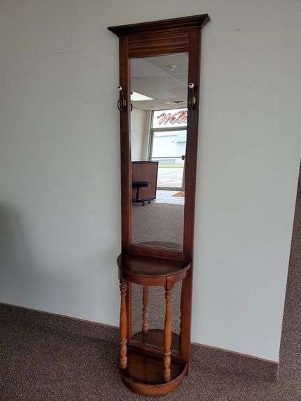 Entry hall tree with turned spindles and brass hooks measures 18 in W X 12 in D X 80 in H.