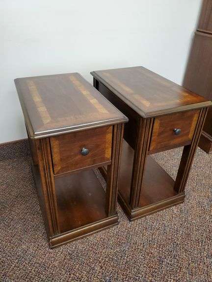 Pair of mixed wood inlaid chairside end tables with single drawer and bottom shelf.. Each measures 13 in W x 23 in D 23 in H.