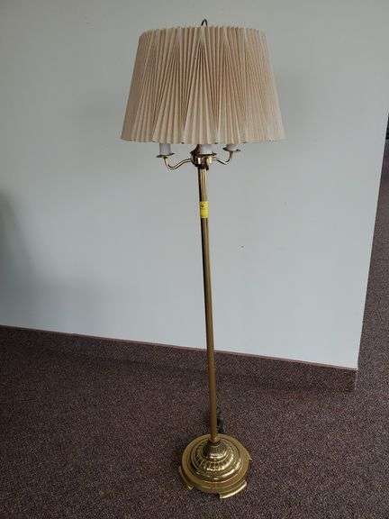 60-in tall brass candelabra floor lamp with ribbed shade.