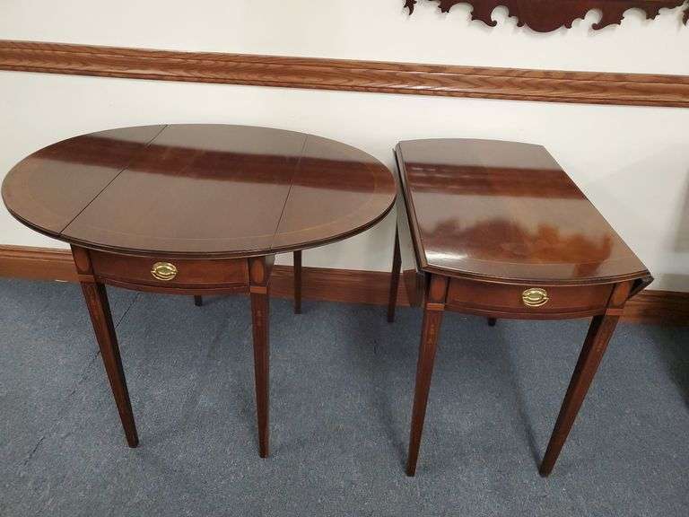 Councill Drop Leaf Accent Tables with Single Drawers and Decorative Wood Inlay Measuring 19"W x 30" x 27"H with Leaves Down. 38"L with Leaves Extended