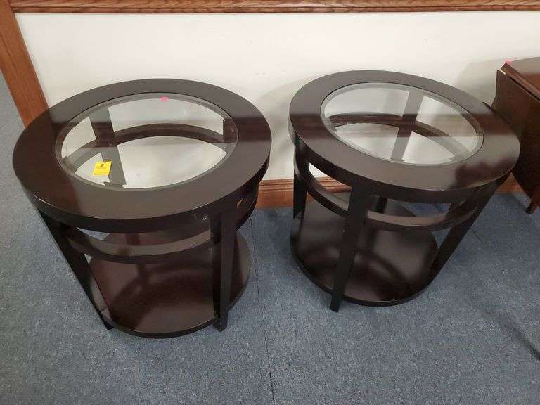 Pair of Matching Glass Top End Tables Measuring 25"W x 24"H in a Dark Finish