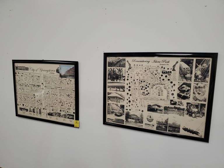 Pair of framed local nostalgia including city of Youngstown 1950s, remembering Idora Park. 19 in by 24 in