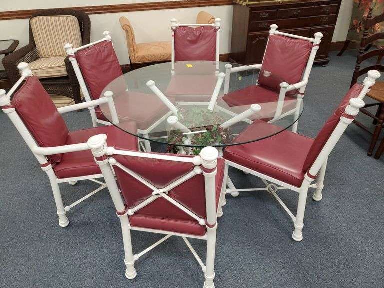 48" Round Glass Top Patio Table with Metal Frame and 6 Matching Chairs with Waterproof Cushions