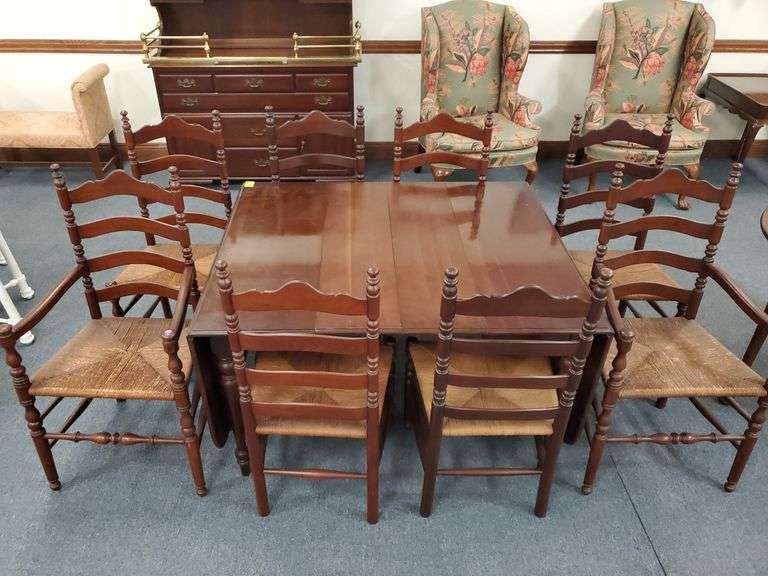 Walter of Wabash Drop Leaf Dining Table and Chair Set with (8) Ladder Back Dining Chairs including (2) Captain's Chairs. Table Measures 72"W x 42"D with Side Leaves Up. 93"W with (2) Center Leaves Installed. Side Leaves Missing Support Braces. Inspect at Preview