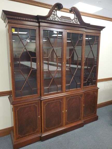 Councill Mixed Wood 2 Piece Lighted China Cabinet measuring 77"W x 16"D x 93"H with East Lake Style Accents and Brass Hardware