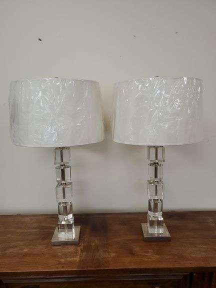 Geometric shaped glass and chrome finish table lamps standing 30 in tall with glass orb finials, round white fabric shades. Matches lot #3. See photos.