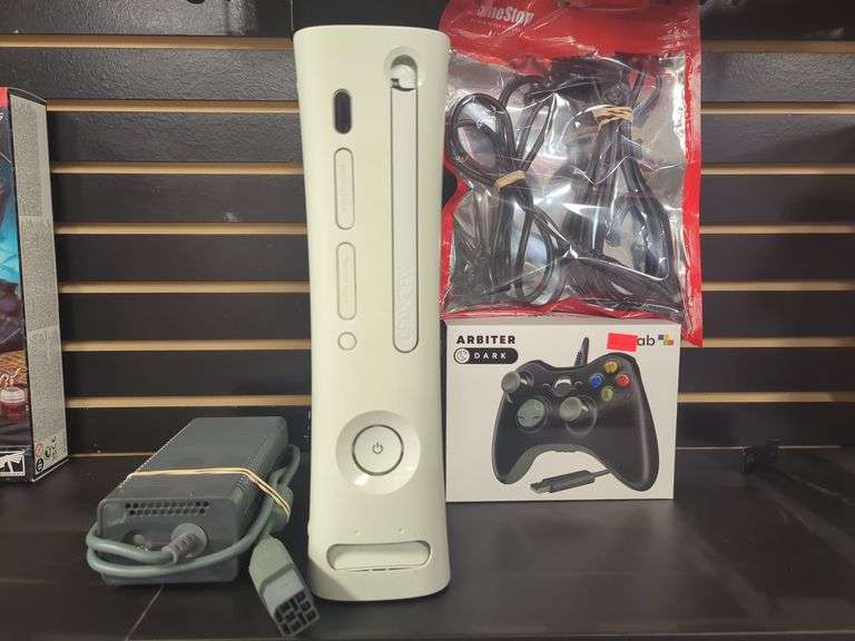 Xbox 360 with power supply, controller, AV cable. Untested. Inspect at preview