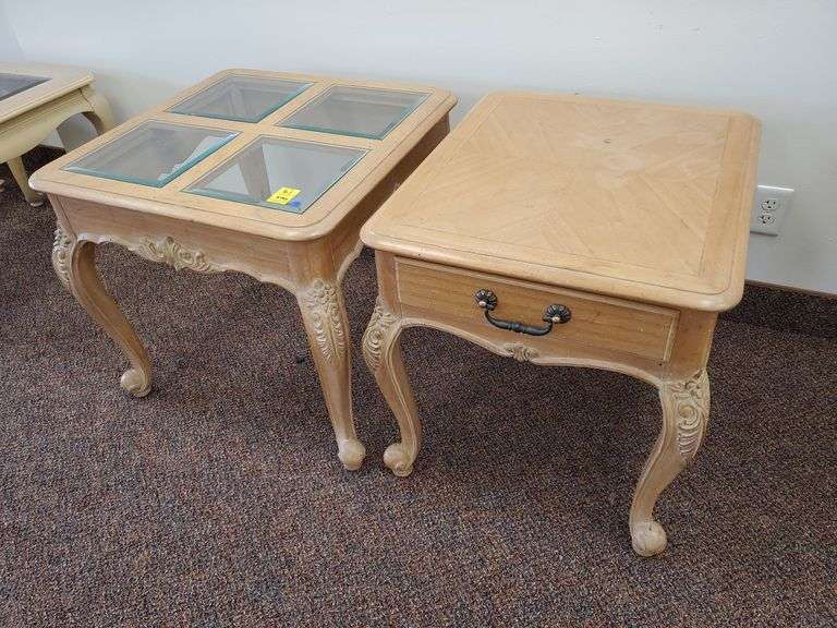 Hekman (4) beveled glass panel accent table measures 26 in square, matching end table with single center drawer measures 22 in WX25 in DX 23 in H.