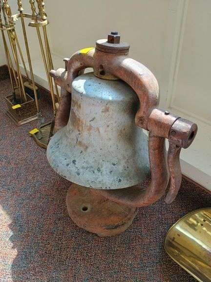 Antique brass/bronze steam engine bell in cast iron frame weighing approx. 275 lbs. Sent to the Tauro family in Niles in 1963 by a family member living in California. Has a number on the bell 2378. No clapper. Overall measures 32 in tall x 26 in wide. Bell itself is 17" across the bottom and 13" high. Includes copies of newspaper article about the bell. This may be the bell that came off of the Southern Pacific Railroad (SP) #2378 steam locomotive. This was a Class T-32 4-6-0 "Ten-Wheeler" steam locomotive. This engine was built in July 1919. It was constructed by the railroad's own Sacramento Shops in California. That's where the bell was shipped from.