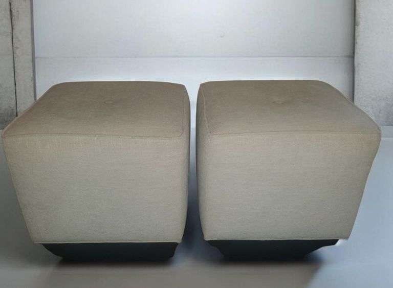 Two Sam Moore cream linen cube ottoman.. Both for your bid