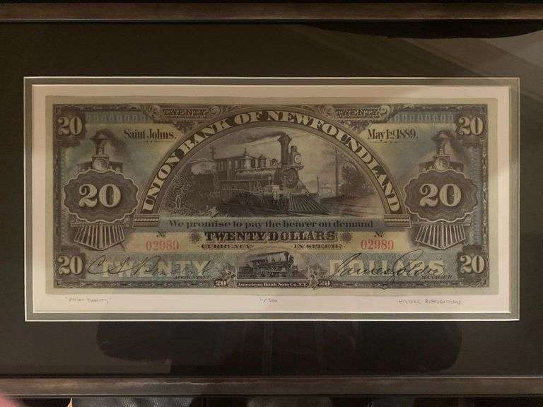 Framed $20 Union Bank Of Newfoundland Bill