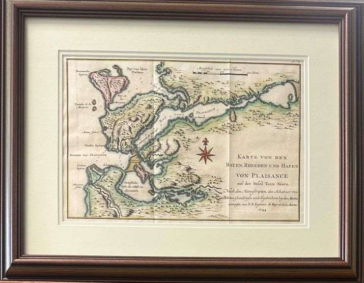 Framed Map - 'KARTE VON DEN BAYEN RHEEDEN UND HAFEN VON PLAISANCE auf der Infel Terre Neuve'