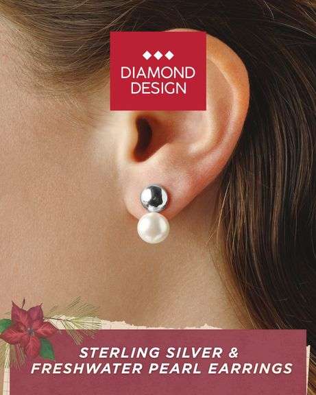 Sterling Silver & Freshwater Pearl Earrings - Diamond Design