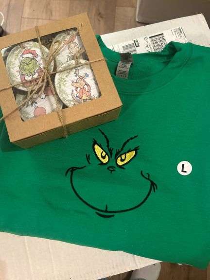 Trendy Threads "Grinch" Crewneck + Birch Ornaments. (Adult Large)