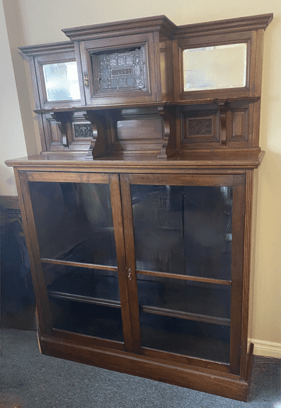 Empire tiger oak combo China cabinet / sideboard with original applied finish , c. 1900