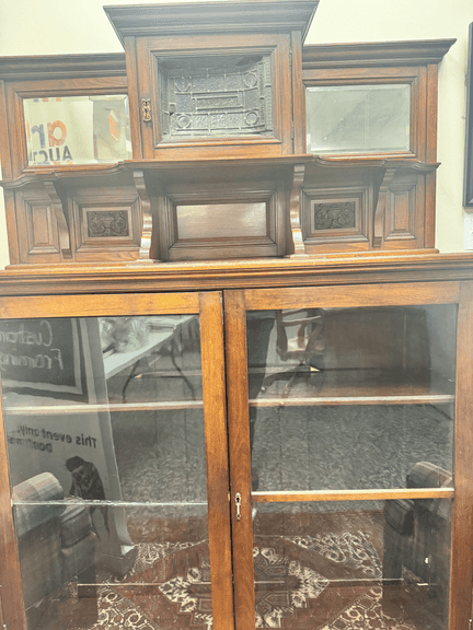 Empire tiger oak combo China cabinet / sideboard with original applied finish , c. 1900