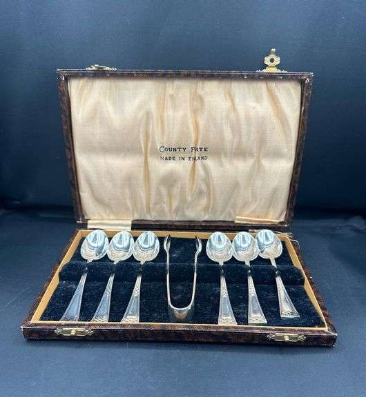 County Plate Seven Piece Silver Plate Tea Spoons with Sugar Tongs in Case