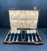 County Plate Seven Piece Silver Plate Tea Spoons with Sugar Tongs in Case