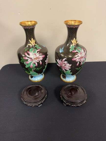 Pair of Cloisonné Vases with Pedestal Base