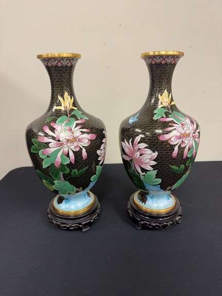 Pair of Cloisonné Vases with Pedestal Base