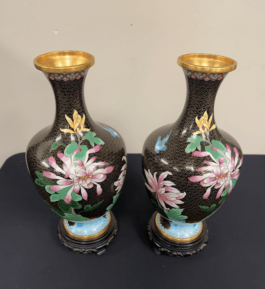 Pair of Cloisonné Vases with Pedestal Base