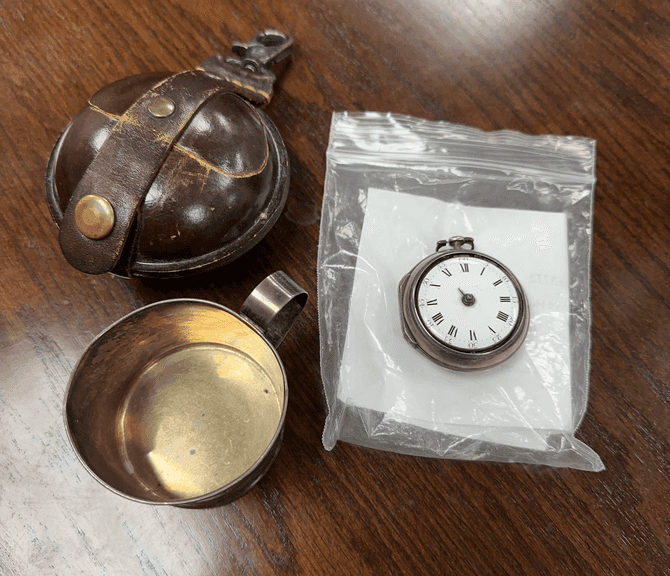 Coin Purse, Pocket Watch, and Small Silver Mug