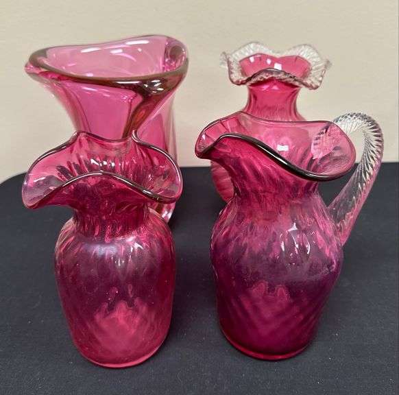 Cranberry Glass Water Jug and Three Vases