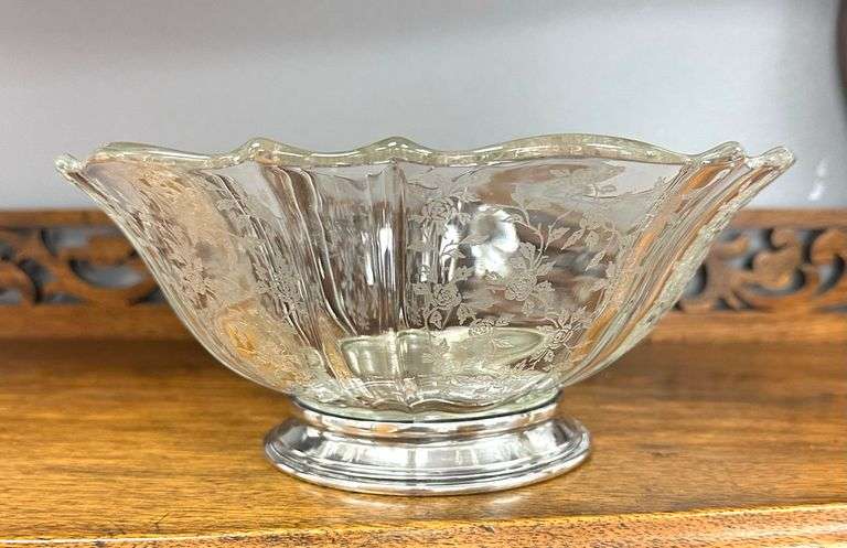 Vintage Cambridge Rose Point Etched Glass Bowl with Sterling Silver Base