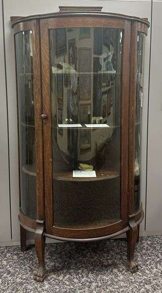 Antique Oak Bow-Front Curio Cabinet