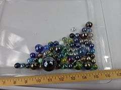 Honey Bottle Jar of Mixed Marbles Swirls Shooters Uraniums Cat Eyes