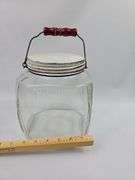 Vintage Large Square Ribbed Glass Hoosier Jar White Metal Lid & Red Wood Handle