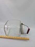 Vintage Large Square Ribbed Glass Hoosier Jar White Metal Lid & Red Wood Handle