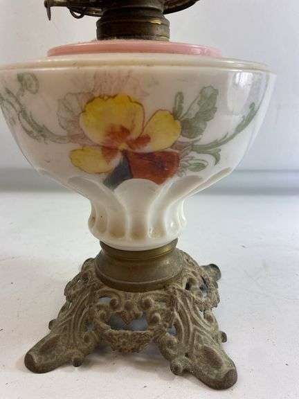 Milk Glass Art Deco Shape Floral Design Ornate Base OIL LAMP