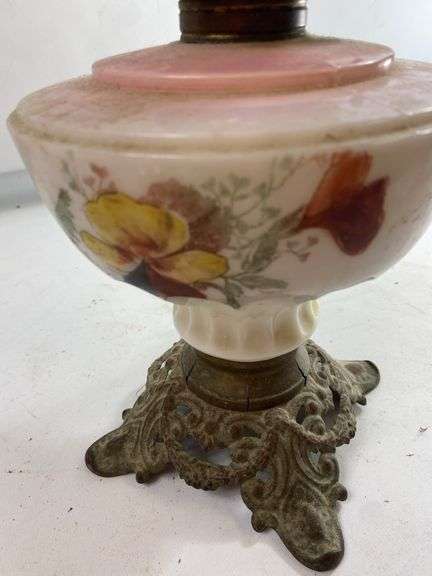 Milk Glass Art Deco Shape Floral Design Ornate Base OIL LAMP