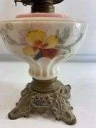 Milk Glass Art Deco Shape Floral Design Ornate Base OIL LAMP