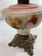 Milk Glass Art Deco Shape Floral Design Ornate Base OIL LAMP