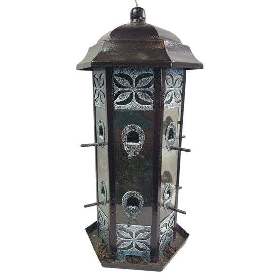 Large Bird Feeder Newer Style 12 Perches Hexagon Hammered Metal