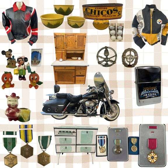Antiques Harley Davidson Snowmobile Toys Pro Audio JBL Military Medals Auction
