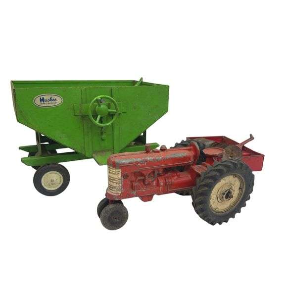 Vintage Toy Lot Huskee Gravity Grain Trailer Diecast Red Tractor Trailer Disc Plow