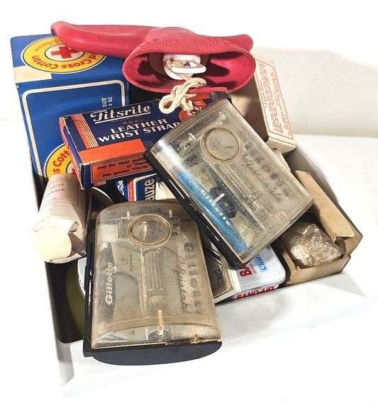 Antique First Aid Bandaid Metal Tins Red Cross Bandage Boxes Gillette Adjustable Razors