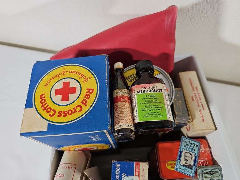 Antique First Aid Bandaid Metal Tins Red Cross Bandage Boxes Gillette Adjustable Razors