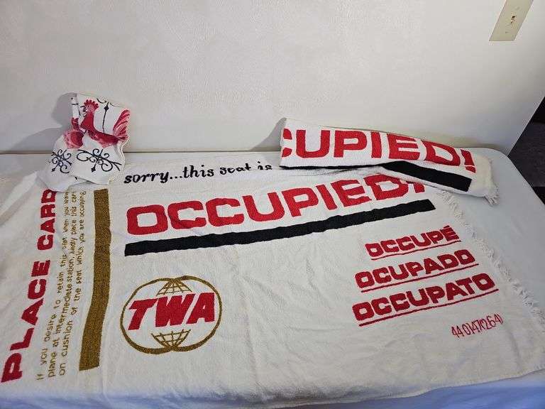 Vintage 1960s 2 TWA Airlines Towels in Seat Saver Pattern + Rooster Towels