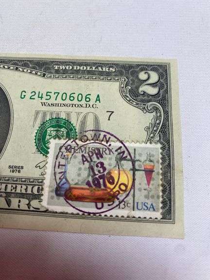 Uncirculated Apr 13 1976 $2 Bill First Day Issue with Chemistry Stamp Huntertown Indiana