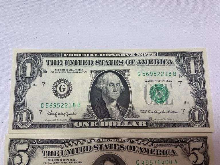 2 Very Crisp Bills 1963 $5 Fowler + $1 Dillon One Dollar Bill Currency Ungraded